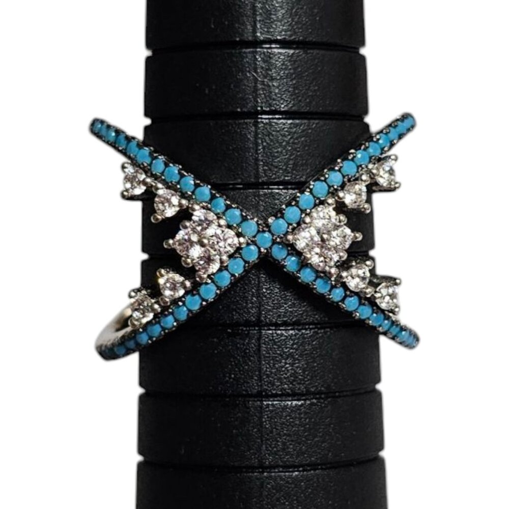 Vintage Sterling Silver Criss Cross Ring Turquoise Cubic Zirconia‎ 925 Womens 8